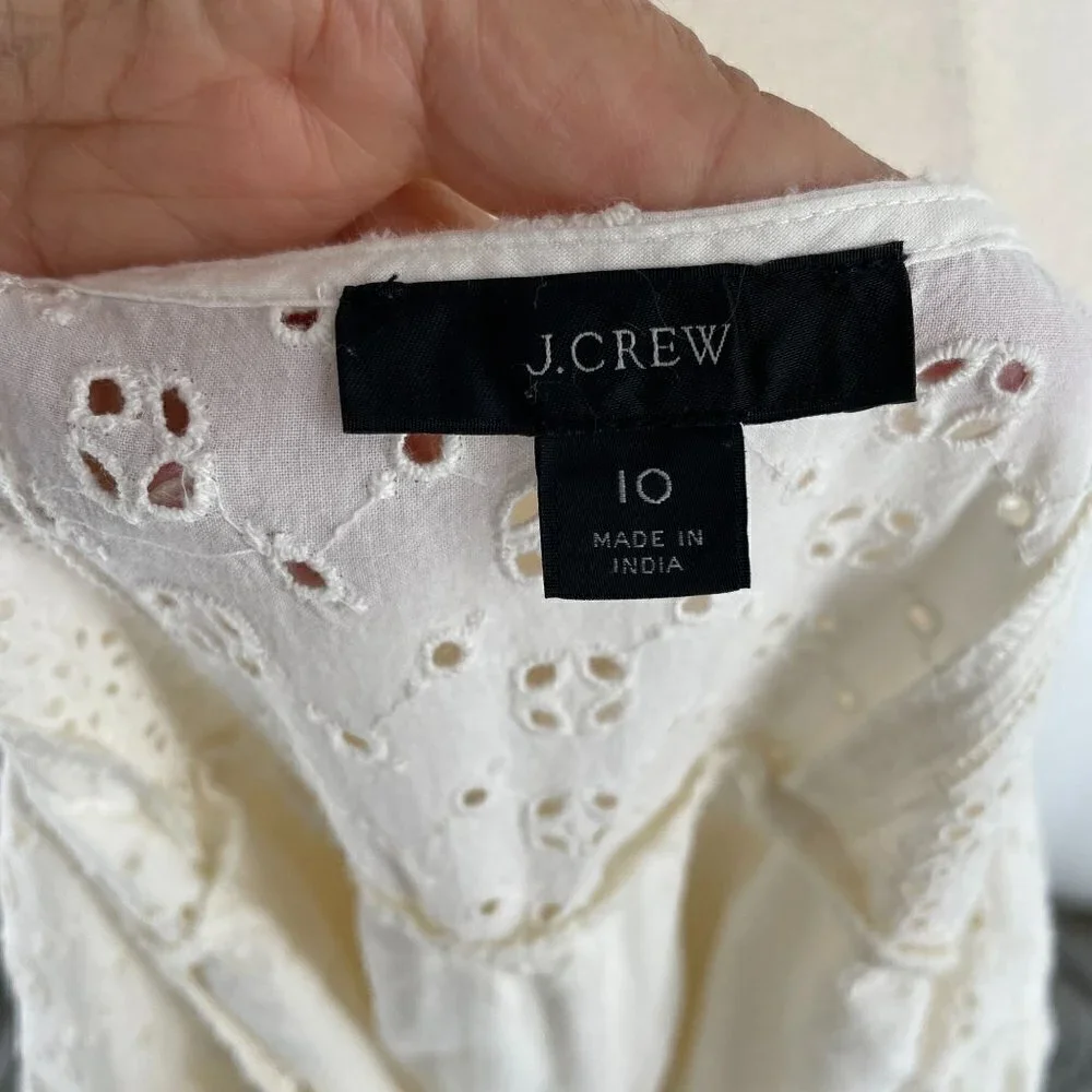 J. Crew Ivory Eyelet Mini Dress Button Front Short Sleeve Casual Summer Size 10